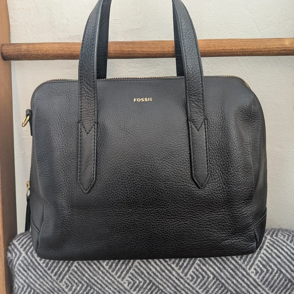 Fossil Black Pebbled Leather Tote Satchel